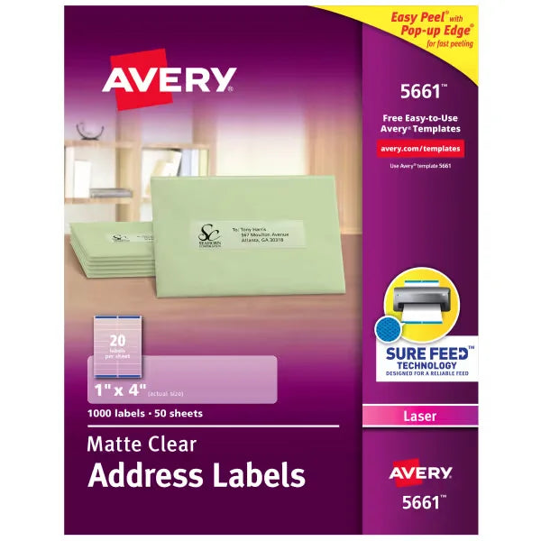 Avery&reg; Matte Clear Address Labels, Sure Feed&trade; Technology, Laser, 1" x 4", 1,000 Labels (5661)