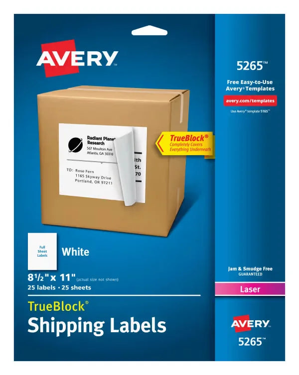 Avery&reg; Full-Sheet Shipping Labels, 8-1/2" x 11", White, 25 Blank Mailing Labels (5265)