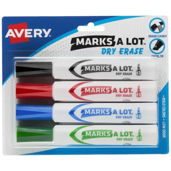 Avery(R) Marks A Lot(R) Desk-Style Dry Erase Markers, Chisel Tip, Assorted Colors, 4 Markers (24409)