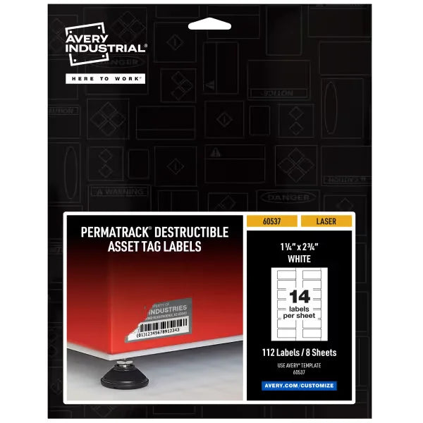 Avery&reg; PermaTrack&reg; Destructible Asset Tag Labels, 1-1/4" x 2-3/4", 112 Labels (60537)