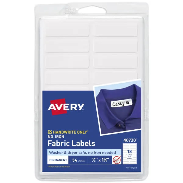 Avery&reg; No-Iron Fabric Labels, 1/2" x 1-3/4", Washer and Dryer-Safe Waterproof Labels, Non-Printable, 54 Blank Labels Total (40720)