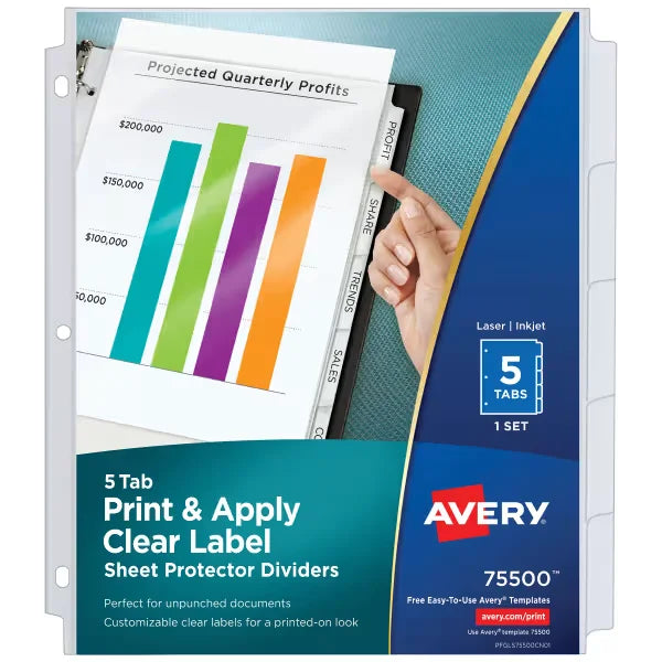 Avery&reg; Print & Apply Clear Label Sheet Protector Dividers, Index Maker&reg; Easy Peel&trade; Printable Labels, 5 White Tabs (75500)