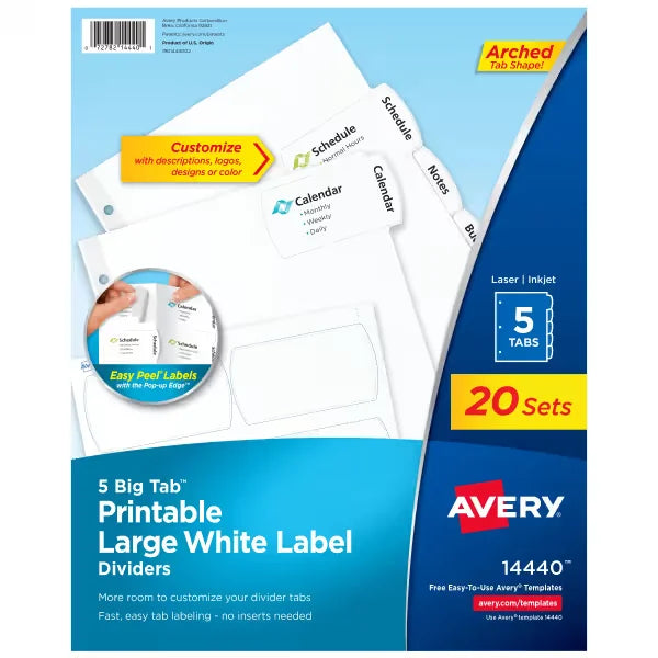 Avery&reg; Big Tab&trade; Printable White Label Dividers, Easy Peel Labels&reg;, 5 Tabs per Set, White (20 Sets of 14440)