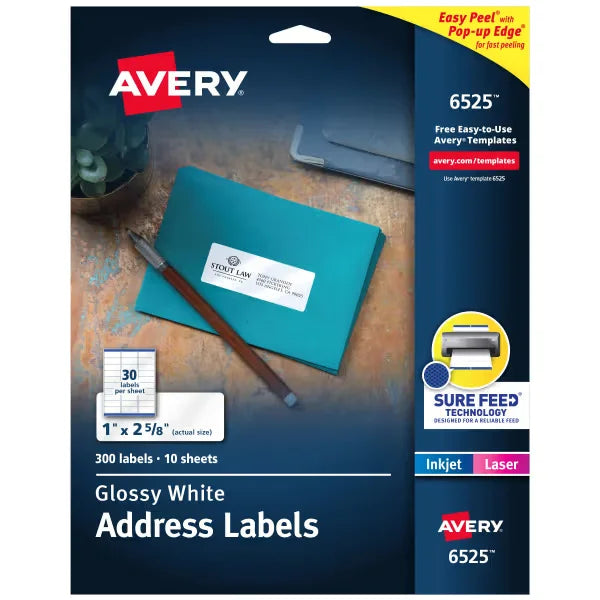 Avery&reg; Address Labels with Sure Feed&reg; Technology, Glossy White, 1" x 2-5/8", Permanent Adhesive, Laser/Inkjet, 300 Total (6525)