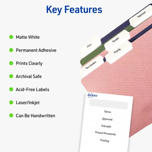 Avery&reg; Mini-Sheets File Folder Labels, 2/3" x 3-7/16", Matte White, Permanent, Laser/Inkjet, 300 Labels (2181)