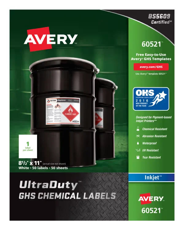 Avery&reg; UltraDuty&reg; GHS Chemical Labels for Pigment Inkjet Printers, Waterproof, UV Resistant, 8-1/2” x 11”, 50 Labels (60521)
