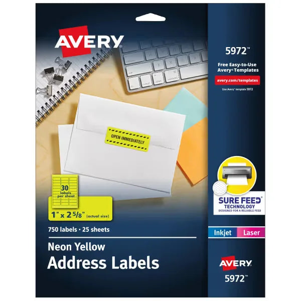 Avery Address Labels with Sure Feed, 1" x 2-5/8", Neon Yellow, Laser & Inkjet Compatible, 750 Labels Total (5972)