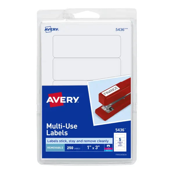 Avery&reg; Multi-Use Removable Labels, 1" x 3", Print or Write ID Labels, White, 250 Labels Total (05436)