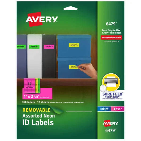Avery Labels with Sure Feed, 1" x 2-5/8", Assorted Neon, Removable, Laser & Inkjet Compatible, 360 Labels Total (6479)