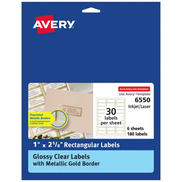 Avery&reg; Glossy Clear Labels with Metallic Gold Border, 1" x 2-5/8" Rectangle Labels, 180 Printable Labels (6550)