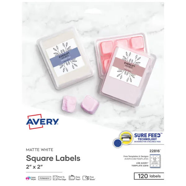Avery&reg; 2" x 2" Square Labels with Sure Feed, 120 Labels, Permanent Adhesive, Matte White (22816)