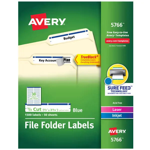 TrueBlock® File Folder Labels, 2/3” x 3-7/16”, 1,500 Printable Labels, Permanent Adhesive, White/Blue (5766)