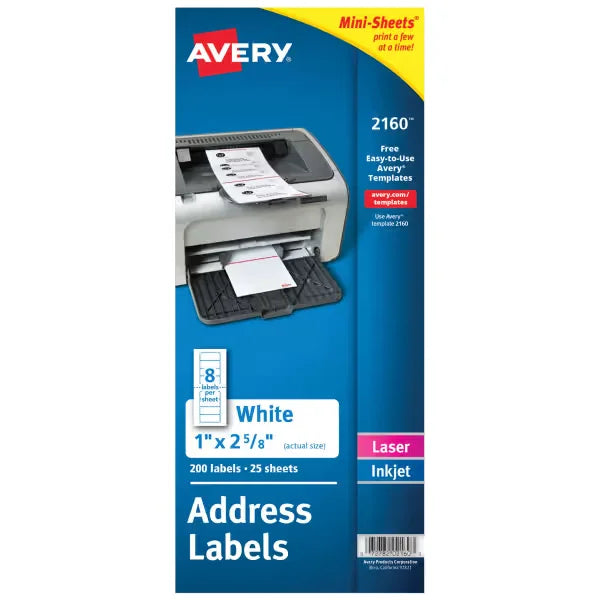 Avery&reg; Mini-Sheets Address Labels, 1" x 2-5/8", White, Permanent Adhesive, Laser/Inkjet Printable, 200 Labels (2160)
