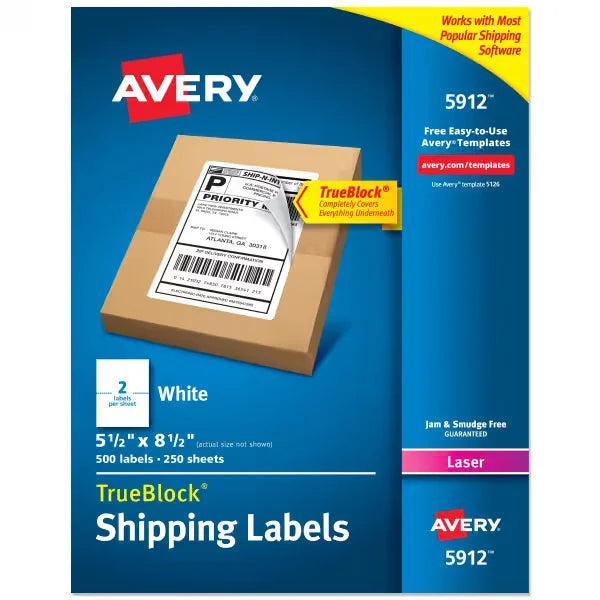 Avery&reg; Half-Sheet Shipping Labels, 5-1/2" x 8-1/2", White, 500 Blank Mailing Labels (5912)