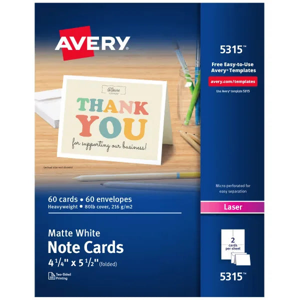Avery&reg; Note Cards with Envelopes, 4-1/4" x 5-1/2", Matte White, Laser Printer Compatible, 60 Total (5315)