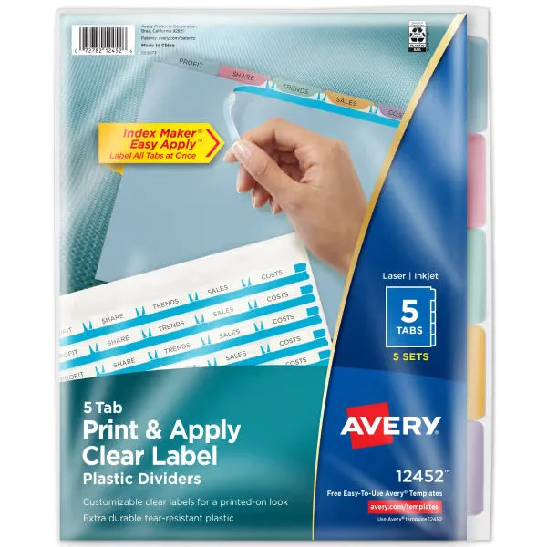 Avery&reg; Print & Apply Clear Label Translucent Plastic Dividers, Index Maker&reg; Easy Apply&trade; Printable Label Strip, 5 Multicolor Tabs, 5 Sets (12452)