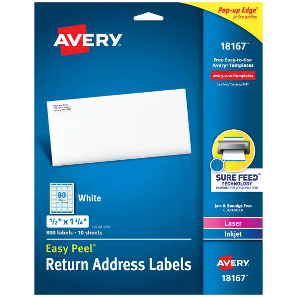 Avery&reg; Easy Peel&reg; Return Address Labels, Sure Feed&trade; Technology, Permanent Adhesive, 1/2" x 1-3/4", 800 Labels (18167)
