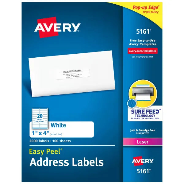Avery&reg; Easy Peel Printable Address Labels with Sure Feed&reg;, 1" x 4", White, 2,000 Blank Mailing Labels for Laser Printers (5161)
