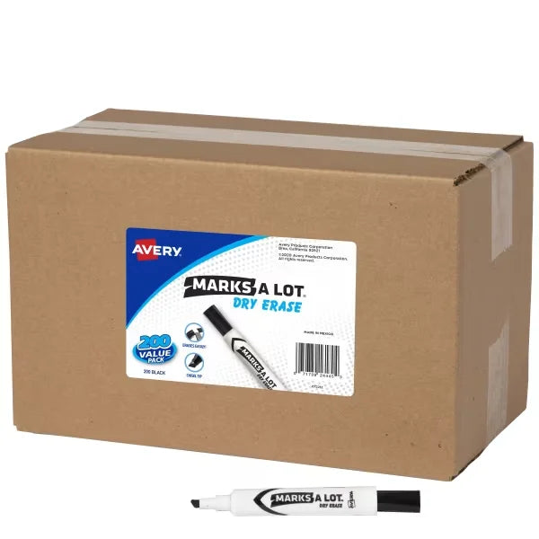 Avery(R) Marks A Lot(R) Bulk Value Pack Dry Erase Markers, White Board Markers with Chisel Tip, 200 Black (24445)