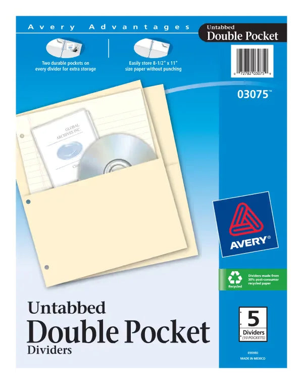 Avery&reg; Double Pocket Dividers, Untabbed, 5-Divider Set (03075)