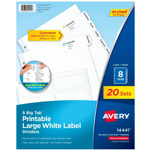 Avery&reg; Big Tab&trade; Printable White Label Dividers, Easy Peel Labels&reg;, 8 Tabs per Set, White (20 Sets of 14441)