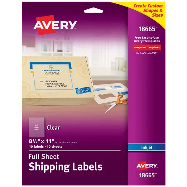 Avery&reg; Shipping Labels, Permanent Adhesive, Clear, 8-1/2" x 11", 10 Labels (18665)