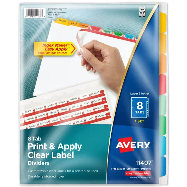 Avery&reg; Print & Apply Clear Label Dividers, Index Maker&reg; Easy Apply&trade; Printable Label Strip, 8 Multicolor Tabs (11407)
