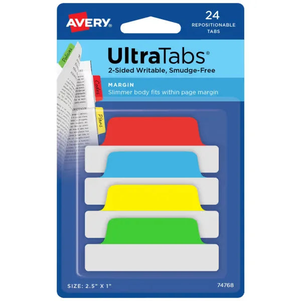 Avery&reg; Ultra Tabs&reg;, Assorted Colors, 2.5" x 1", 24 Repositionable Margin Tabs, 2-Sided Writable (74768)