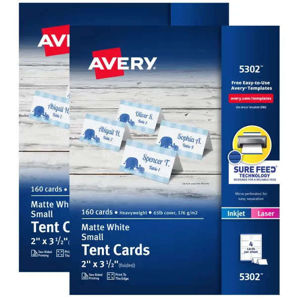 Avery&reg; Print-to-the-Edge Tent Cards with Sure Feed&reg; Technology, 2" x 3-1/2", White, 2-Pack, 320 Place Cards Total (5812)