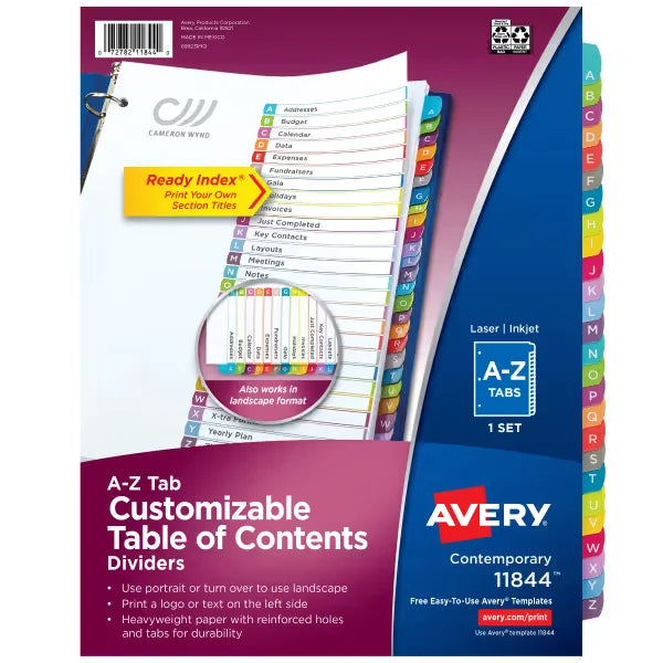 Avery&reg; Ready Index&reg; A-Z Dividers, 26 Tab Sets, Customizable Table of Contents, Multicolor Arched Tabs (11844)