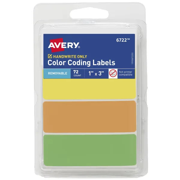 Avery&reg; Color-Coding Removable Labels, 1" x 3", Assorted Neon Colors, Non-Printable, 72 Rectangle Labels Total (6722)