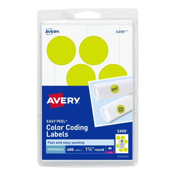 Avery&reg; Removable Color-Coding Labels, Removable Adhesive, Neon Yellow, 1-1/4" Diameter, 400 Labels (5499)