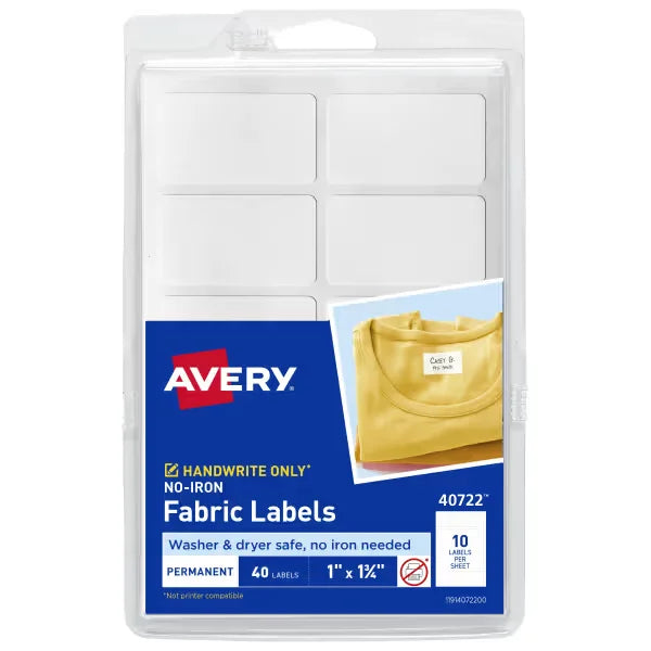 Avery&reg; No-Iron Fabric Labels, 1" x 1-3/4", Washer and Dryer-Safe Labels, Non-Printable, 40 Blank Labels Total (40722)