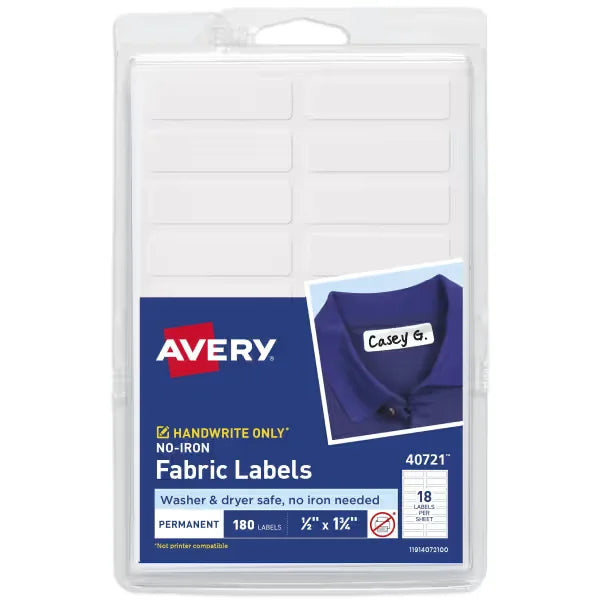 Avery&reg; No-Iron Fabric Labels, 1/2" x 1-3/4", Washer and Dryer-Safe Labels, Non-Printable, 180 Blank Labels Total (40721)