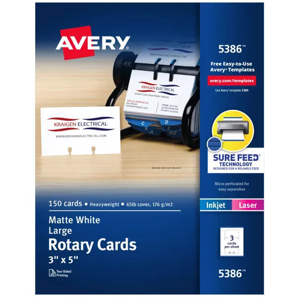 Avery&reg; Rotary Cards with Sure Feed&reg; Technology, 3" x 5", Matte White, Laser & Inkjet Printers, 150 Total (5386)