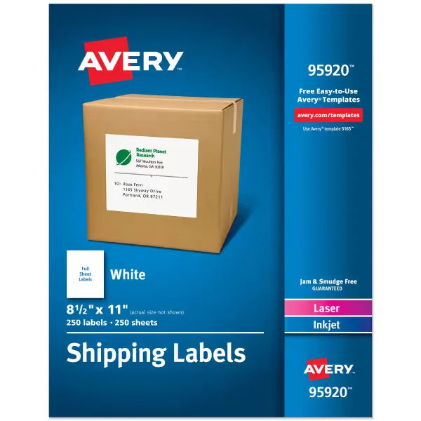 Avery&reg; Full Sheet Shipping Labels, 8-1/2" x 11", White, 250 Blank Mailing Labels (95920)
