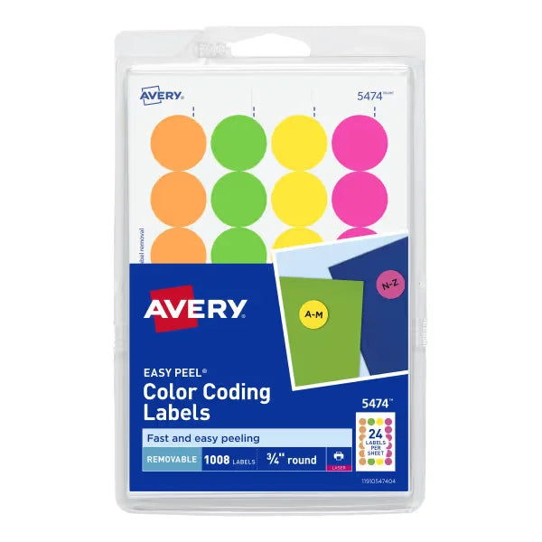 Avery&reg; Removable Color-Coding Labels,  3/4" Diameter, Assorted Neon Colors, 1,008 Labels (5474)