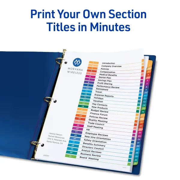 Avery&reg; Ready Index&reg; 1-31 Dividers, 31 Tab Sets, Customizable Table of Contents, Multicolor Tabs, 6 Sets (11831)