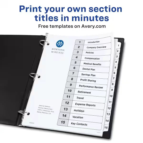Avery&reg; Ready Index&reg; Dividers for 3 Ring Binders, 15 Tab Sets, Customizable Table of Contents, White Tabs, 3 Sets (11079)