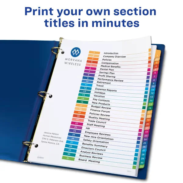 Avery&reg; Ready Index&reg; 1-31 Dividers, 31 Tab Sets, Customizable Table of Contents, Multicolor Tabs (11129)