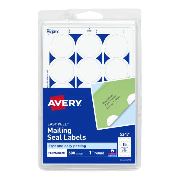 Avery&reg; Mailing Seals, Permanent Adhesive, 1" Diameter, 600 Labels (5247)