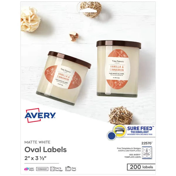 Avery&reg; 2" x 3-1/3" Oval Labels with Sure Feed&trade;, Permanent Adhesive, Matte White, 200 Labels (22570)