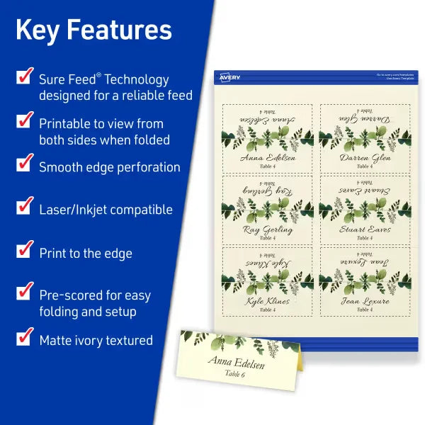 Avery&reg; Textured Place Cards with Sure Feed&reg; Technology, 1-7/16" x 3-3/4", Ivory, 150 Printable Tent Cards (5012)