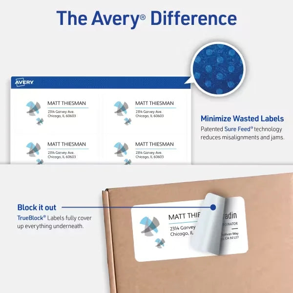 Avery&reg; TrueBlock&reg; Shipping Labels with Sure Feed&reg;, 2" x 4", White, 250 Blank Mailing Labels (5263)