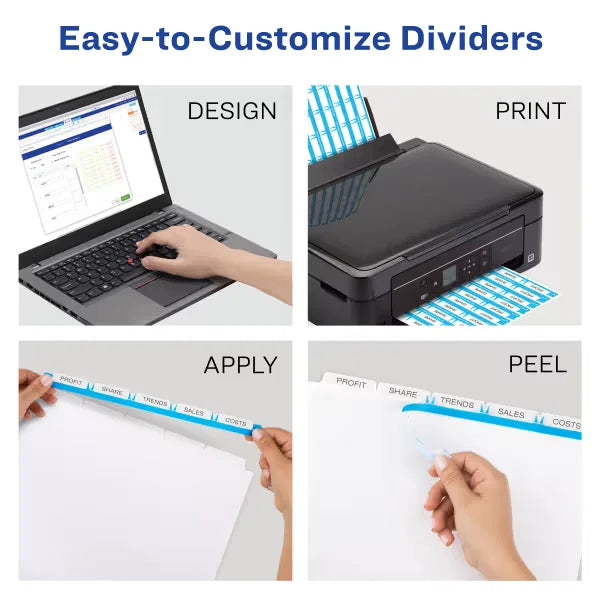 Avery&reg; Print & Apply Clear Label Dividers, Index Maker&reg; Easy Apply&trade; Printable Label Strip, 5 White Tabs, 50 Sets (11556)