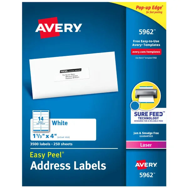 Avery&reg; Easy Peel&reg; Address Labels, Sure Feed&trade; Technology, Permanent Adhesive, 1-1/3" x 4", 3,500 Labels (5962)