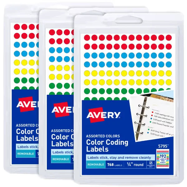Avery&reg; Color-Coding Removable Labels, 1/4" Diameter, Assorted Colors, Non-Printable, 2,304 Dot Stickers Total (5641)