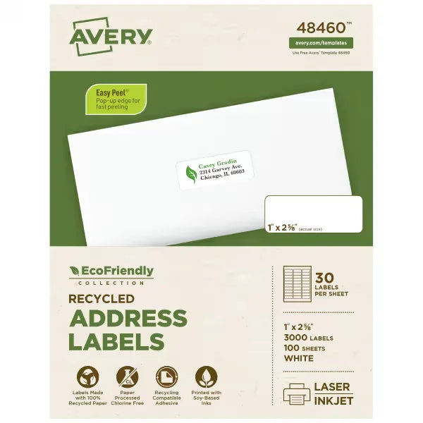 Avery&reg; EcoFriendly Recycled Address Labels, 1" x 2-5/8", White, Permanent, 3,000 Printable Labels (48460)
