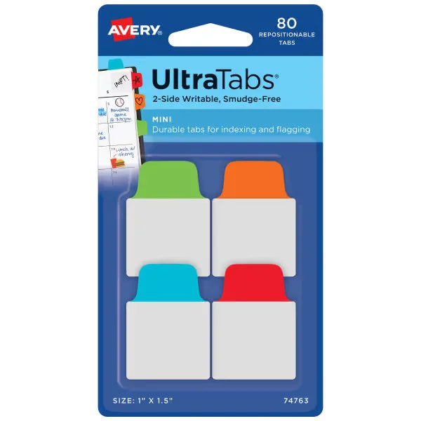Avery&reg; Ultra Tabs&reg;, Assorted Primary Colors, 1" x 1.5", 80 Repositionable Mini Tabs, 2-Side Writable (74763)
