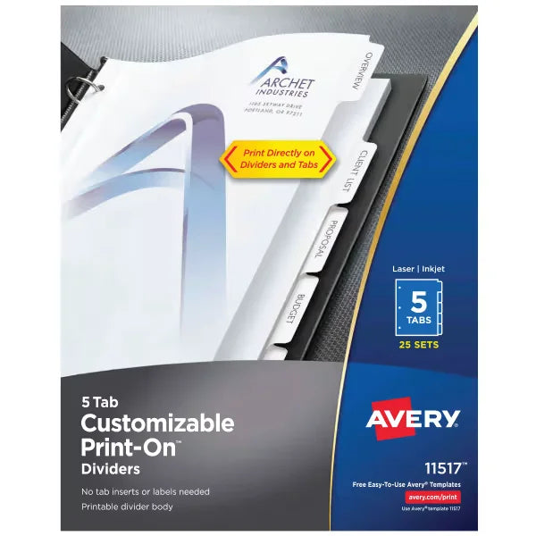Avery&reg; Print-On&trade; Dividers, 5 Tabs, 25 Sets (11517)